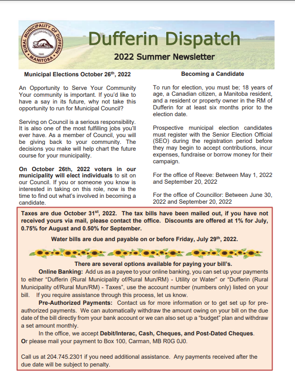 RM of Dufferin Summer Newsletter front page