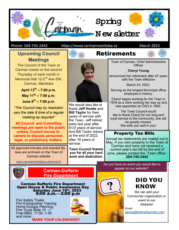 Town of Carman 2023 Spring Newsletter front page